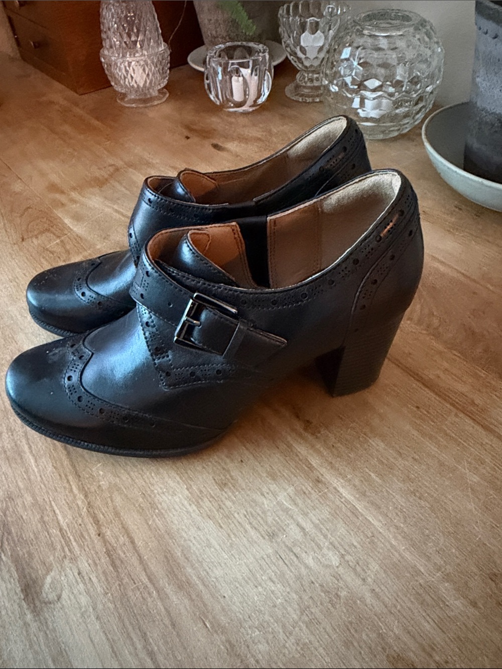 Clarks Black Leather Brogue Buckle Heeled Booties